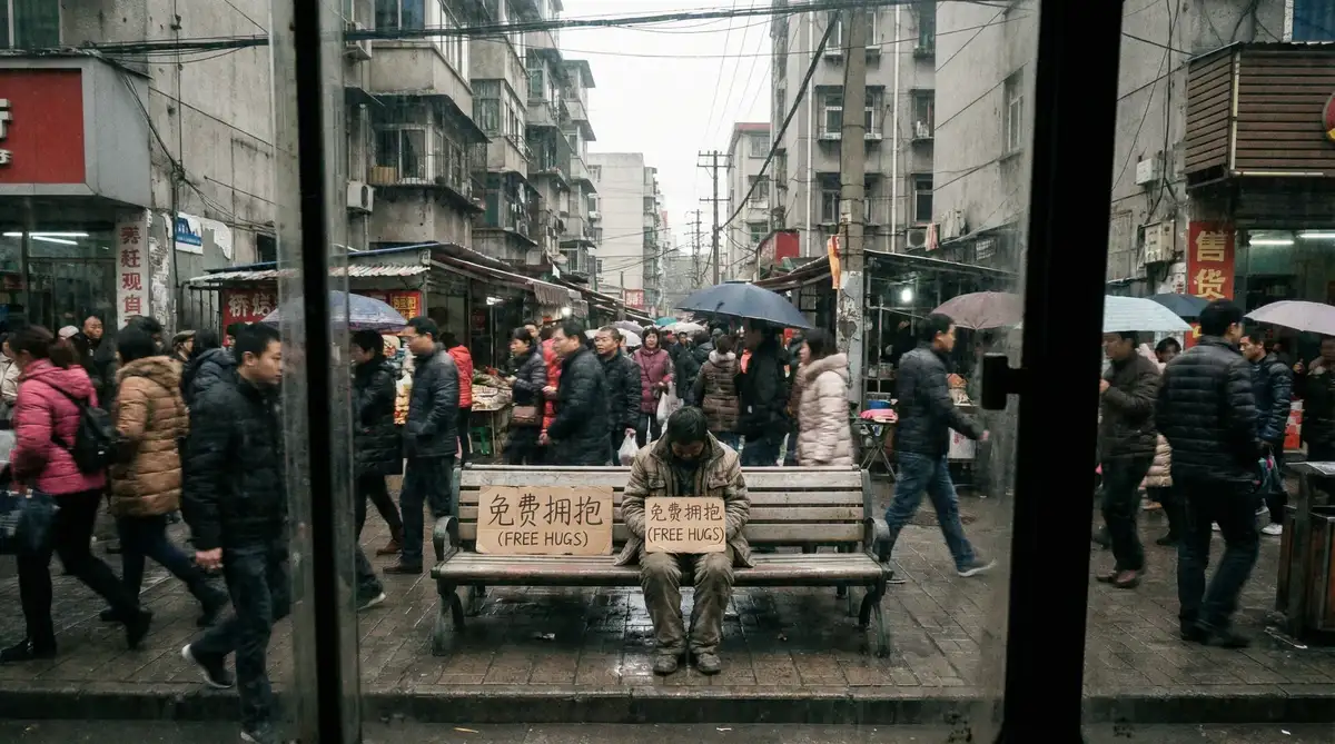 街头社会实验中一名男子手持标语坐在长椅上的纪实画面